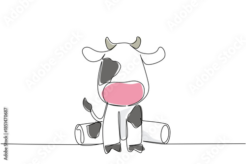 One line drawing animal concept of cute baby cow sitting with black and white spots and small horn. Perfect for farm, country, children book, or nursery animal themes of gentleness and rural life