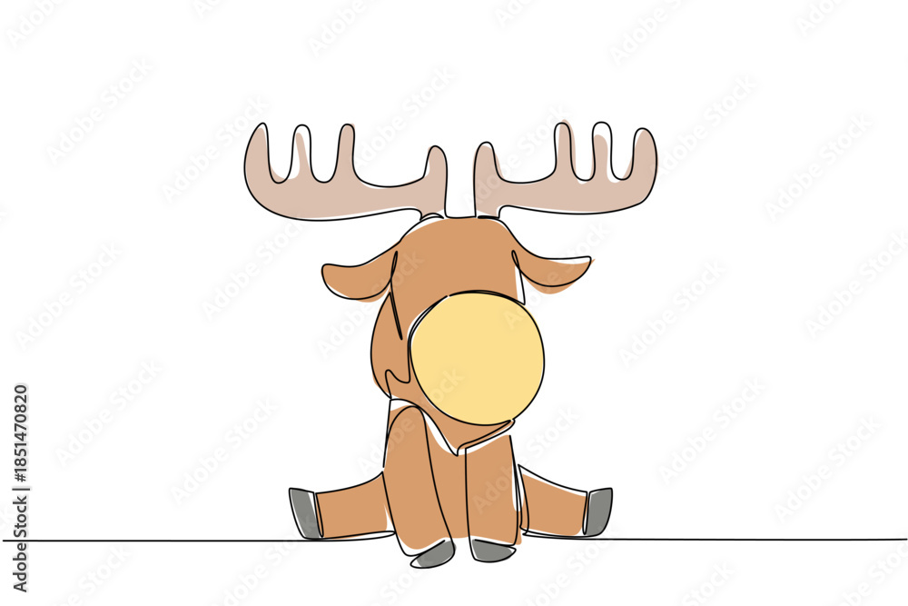 Fototapeta premium One line drawing animal nature concept. Seated baby moose with oversized antlers represents wilderness resilience. For forest biomes, animal preservation, and global nature education programs.