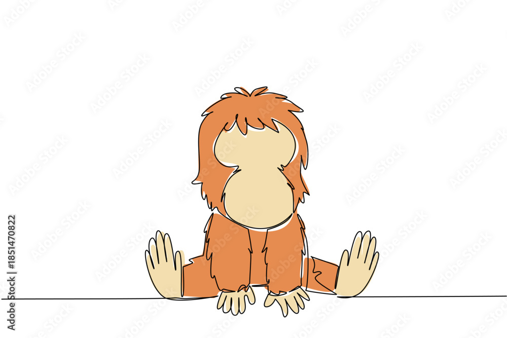 Obraz premium Continuous line draw animal nature concept. Seated orangutan baby with soft fur symbolizes care and survival. Great for environmental awareness, forest conservation and international wildlife festival