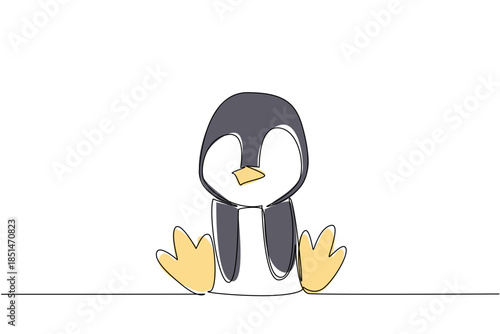 Single line draw animal nature concept. Baby penguin with large yellow feet and beak sitting, for cold climate education, winter event, ecology programs, or international Arctic wildlife preservation.