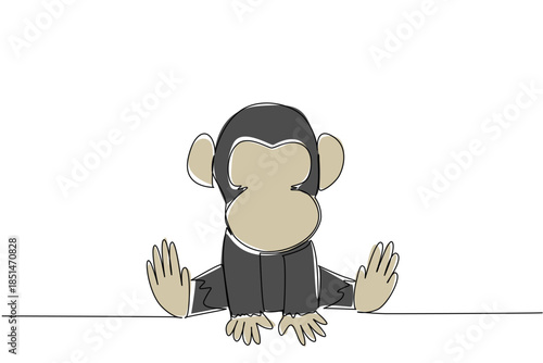 Single line drawing nature animal concept. Seated baby chimpanzee with gentle hands, big ear shows primate intelligence. Perfect for environmental campaign, jungle education or world wildlife events.