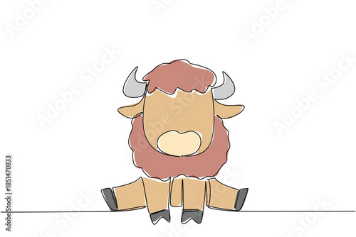 Single line drawing animal nature concept. Seated bison baby with a shaggy mane and big horns focuses on strength and heritage. For grassland protection, ranch education, and biodiversity awareness.