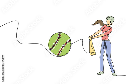 Female softball batter in a helmet, red shirt and jeans swings at green softball with bat, showing determination and inclusive energy in World Softball Day games. Continuous line drawing sport concept