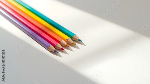 Set of Rainbow Colored Pencils on White Background with Copy Space