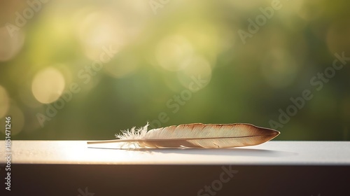 Single Brown Feather Resting on Ledge with Soft Golden Bokeh Background