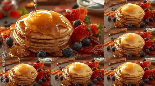 Fluffy Pancakes with Maple Syrup and Fresh Berries Breakfast Set