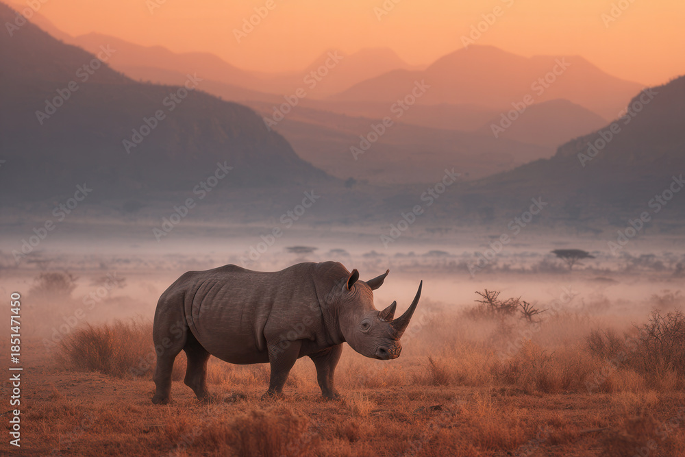 Fototapeta premium Rhino walks through foggy grassland at sunrise in a natural landscape with mountains in the background