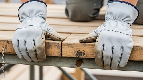 Gloves protect hands while working with wood on scaffolding, safety first