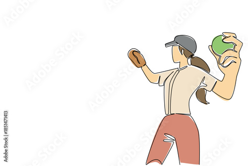 One line drawing of a female softball player in a cap and glove, mid throw with softball, illustrating the controlled power and skill in fielding. Active sportsmanship for World Softball Day event