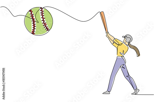 Single line drawing of a female softball batter in a helmet, hitting a softball with powerful form, showcasing the athleticism and determination in the sport. World Softball Day festival and event