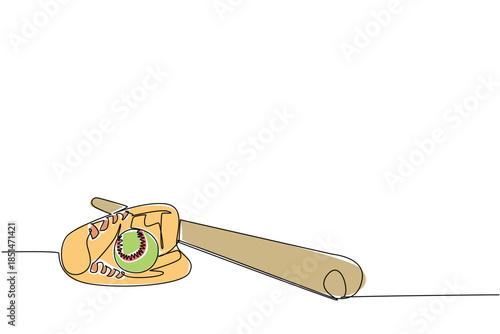 Single line drawing of softball resting in catcher mitt, with bat lying beside them, symbolizing the essential gear and readiness for game. Essential equipment and readiness for World Softball Day
