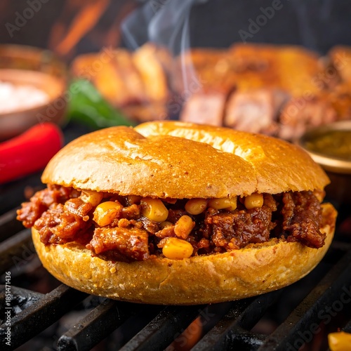 Savory sandwich on grill with juicy meat and corn filling, steam rising. Spices and peppers in the background