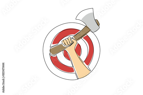Single line drawing hand triumphantly raises an axe in front of red bullseye target, representing victory, precision, and strength for International Axe Throwing Day event competitions worldwide.