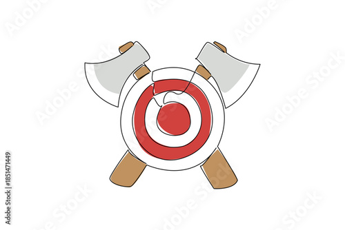 Continuous line drawing of round red and white target with two crossed axes behind round wooden board, symbolizing the sport of axe throwing and precision aiming. International Axe Throwing Day event