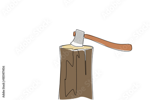 Single line drawing of an axe firmly struck into a tree stump. Show successful throw and the rugged essence of axe throwing. Gray ax embedded in a vertical wood log, International Axe Throwing Day.