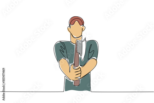 Continuous line drawing of man with red cap holds an axe vertically in both hands, standing confidently, symbolizing strength, technique, and readiness for International Axe Throwing Day challenges.