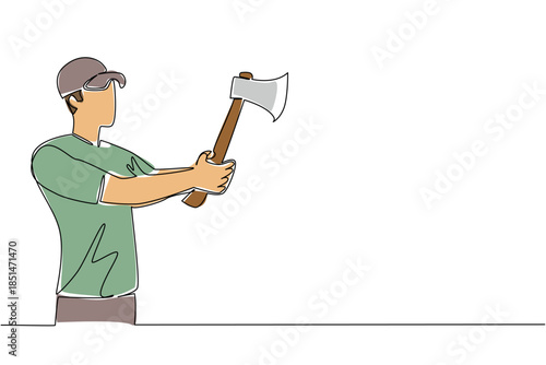 Single line drawing of a man holding an axe with both hands in front of him, extends arms forward, symbolizing a focused stance and preparation for an axe throw. International Axe Throwing Day event