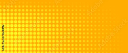 Yellow halftone pattern. Retro comic gradient background. Bright orange pixelated dotted texture overlay. Cartoon pop art faded gradient pattern. Vector backdrop for poster, banner, advertisement