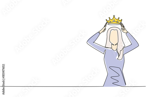 Single line draw of woman with albinism placing crown on her head, represent self worth and identity for International Albinism Awareness Day. Shows pride, encourage self acceptance, body positivity