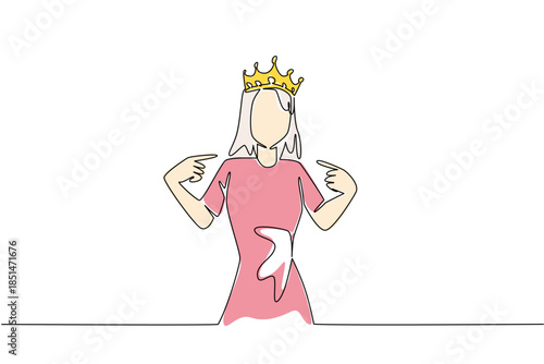 One line draw of woman with albinism pointing to herself. Self love and identity for International Albinism Awareness Day. Shows acceptance, encouraging pride, visibility, and positive representation