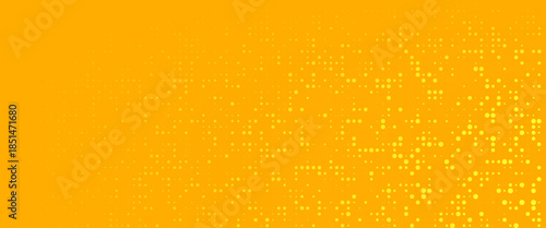 Yellow halftone pattern. Retro comic gradient background. Bright orange pixelated dotted texture overlay. Cartoon pop art faded gradient pattern. Vector backdrop for poster, banner, advertisement