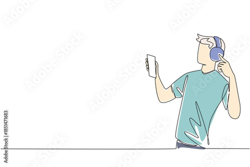 Single line drawing of a young man with pale hair listens to music on headphones while holding smartphone, enjoying self expression and confidence for International Albinism Awareness Day event.
