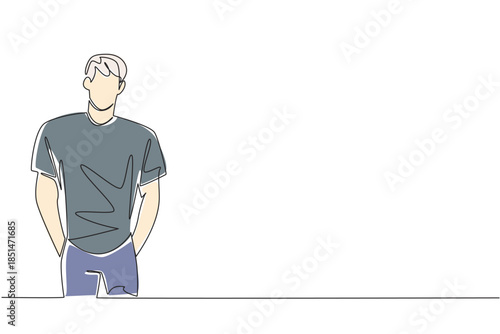 Continuous line drawing vector of a young man standing confidently and casually with hands in pocket for International Albinism Awareness Day. Shows individual strength and acceptance concept.