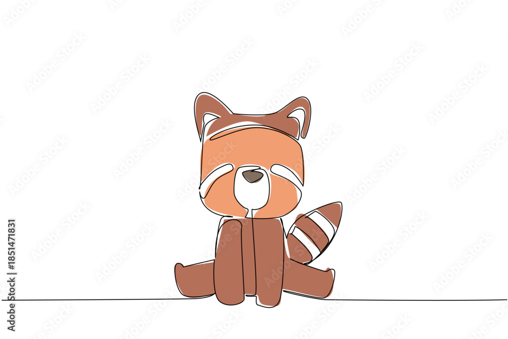 Fototapeta premium Continuous line drawing of a cute baby red panda sitting down for nature wildlife concept. This minimalist animal design represents zoo life and a friendly adorable icon symbol.