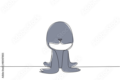 Single line drawing of a cute baby seal sitting up for ocean nature concept. This minimalist animal design represents sea zoo life and a friendly adorable icon symbol theme.
