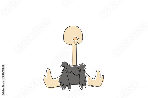 One line drawing of a cute baby ostrich sitting down for wildlife nature concept. This minimalist animal design represents bird zoo life and a friendly adorable icon symbol theme.