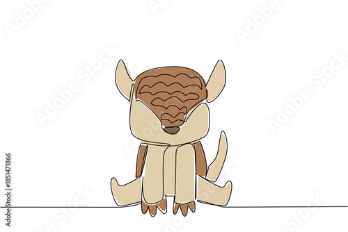Continuous line drawing of a cute baby armadillo sitting down for wildlife concept. This minimalist animal design represents nature zoo life and a friendly adorable icon theme style.