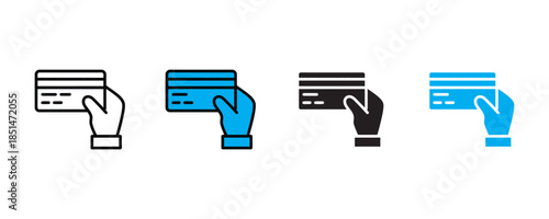 Hands holding credit card icon set vector on white background. payment method, financial icon.  funds, transfer, bill, invoice, hand holding card symbol. vector illustration.