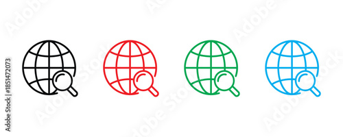 Globe icons with magnifying glass for search and exploration vector on white background. earth, world, map, navigation symbol. investigation, research, analysis icon. vector illustration.