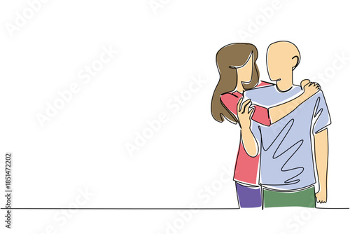 Single line draw of young man and woman embracing warmly, symbolizing love, accompany and comfort, relationship concept. This heartfelt connection theme is related to National Random Acts of Light Day