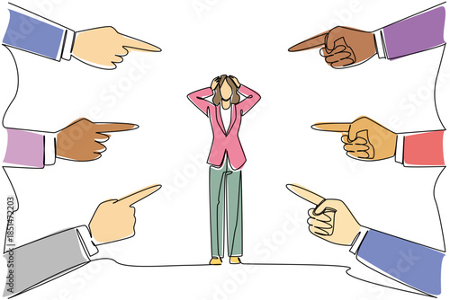 Continuous line drawing of a man and woman in a conflict where she is pointing an accusing finger at him for social concept. This relationship blame theme is related to National Blame Someone Else Day