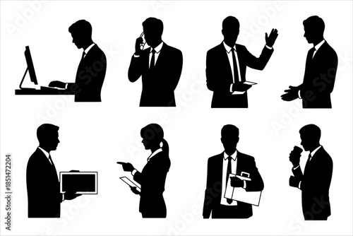 Silhouettes of business professionals in varied office interactions—ideal for corporate posters, training materials, or certificate backgrounds.