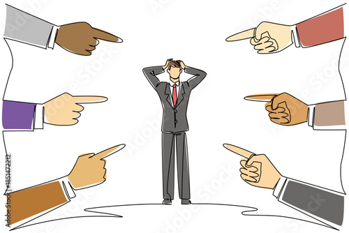 Continuous line drawing of an overwhelmed businessman being blamed by many pointing fingers for a business concept. This scapegoat theme is related to National Blame Someone Else Day event.