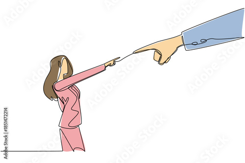 Continuous line drawing of big hand and woman colleagues blaming each other for a work conflict, business concept. This office blame game theme is related to National Blame Someone Else Day event.