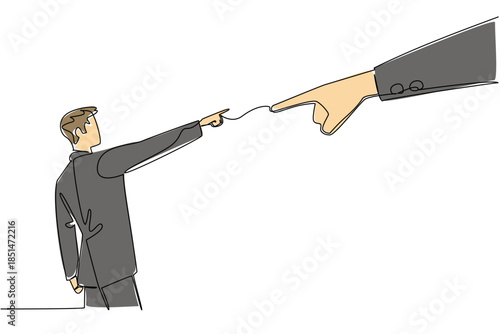 Single line drawing of two businessmen pointing fingers at each other for a corporate dispute, business concept. This office conflict theme is related to National Blame Someone Else Day event.