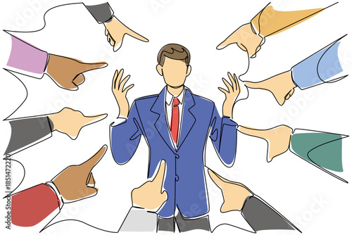 Single continuous line drawing of Businessman in blue jacket stands confused with raised hands while many pointing hands surround him from all directions. National Blame Someone Else Day event