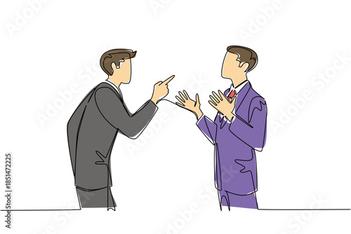 Continuous line drawing vector of a business men and blaming each other for a relationship conflict, social concept. This domestic quarrel theme is related to National Blame Someone Else Day event