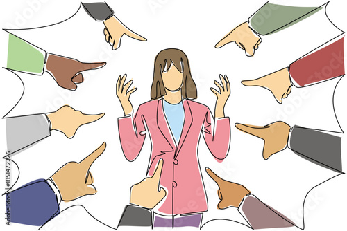 Continuous line drawing of confused business woman being blamed by multiple pointing fingers for social concept. This overwhelmed accusation theme is related to National Blame Someone Else Day event.