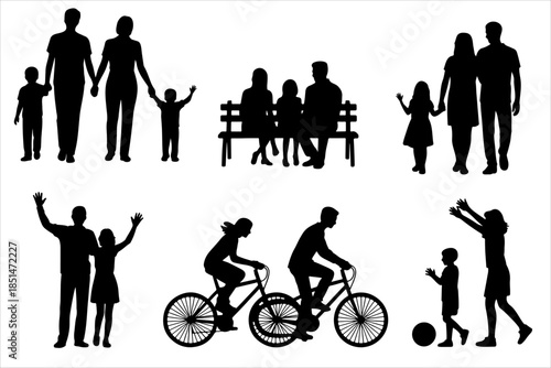 Silhouettes of families in everyday bonding scenes—walking, playing, cycling—ideal for lifestyle posters, parenting flyers,