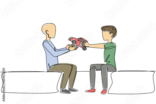 One line drawing of two young boys happily sharing a toy car, children friendship to accompany cancer survivor concept. This kind gesture theme is related to National Random Acts of Light Day event.