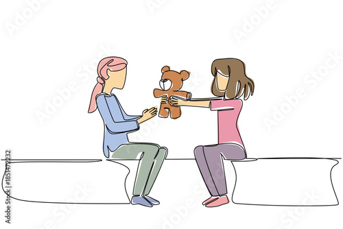 Continuous line drawing of two young girls happily sharing a teddy bear, children friendship of cancer survivor concept. This kind gesture theme is related to National Random Acts of Light Day event.