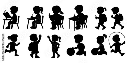 Silhouettes of children engaged in playful and learning activities—reading, running, skipping, and more—ideal for educational posters, parenting flyers