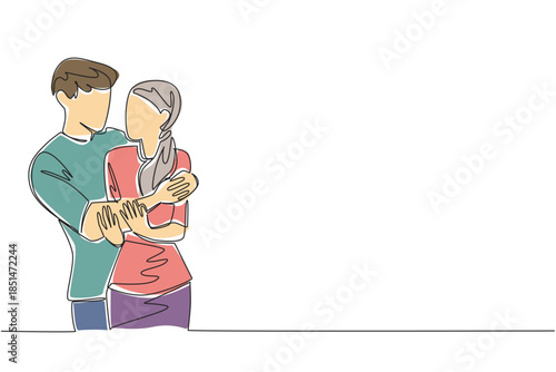 Continuous line drawing of young man accompany woman in comforting embrace, symbolizing support and care to patient, relationship. Empathetic gesture is related to National Random Acts of Light Day