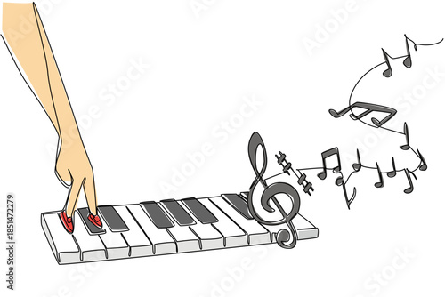 Continuous line drawing of fingers dancing on piano keys with musical notes, representing the joy of rhythm and music beat. Creative expression for National Dance Movement Therapy Advocacy