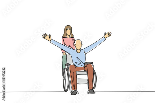 One line drawing of young woman pushing cancer survivor elderly man in a wheelchair with arms raised in joy, elder care concept. Empathetic care theme is related to National Random Acts of Light Day