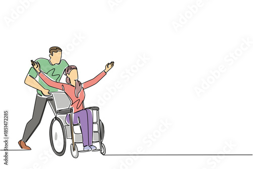 Continuous line drawing of young man pushing cancer patient woman in a wheelchair with arms raised in joy, disability support concept. Empathetic care related to National Random Acts of Light Day